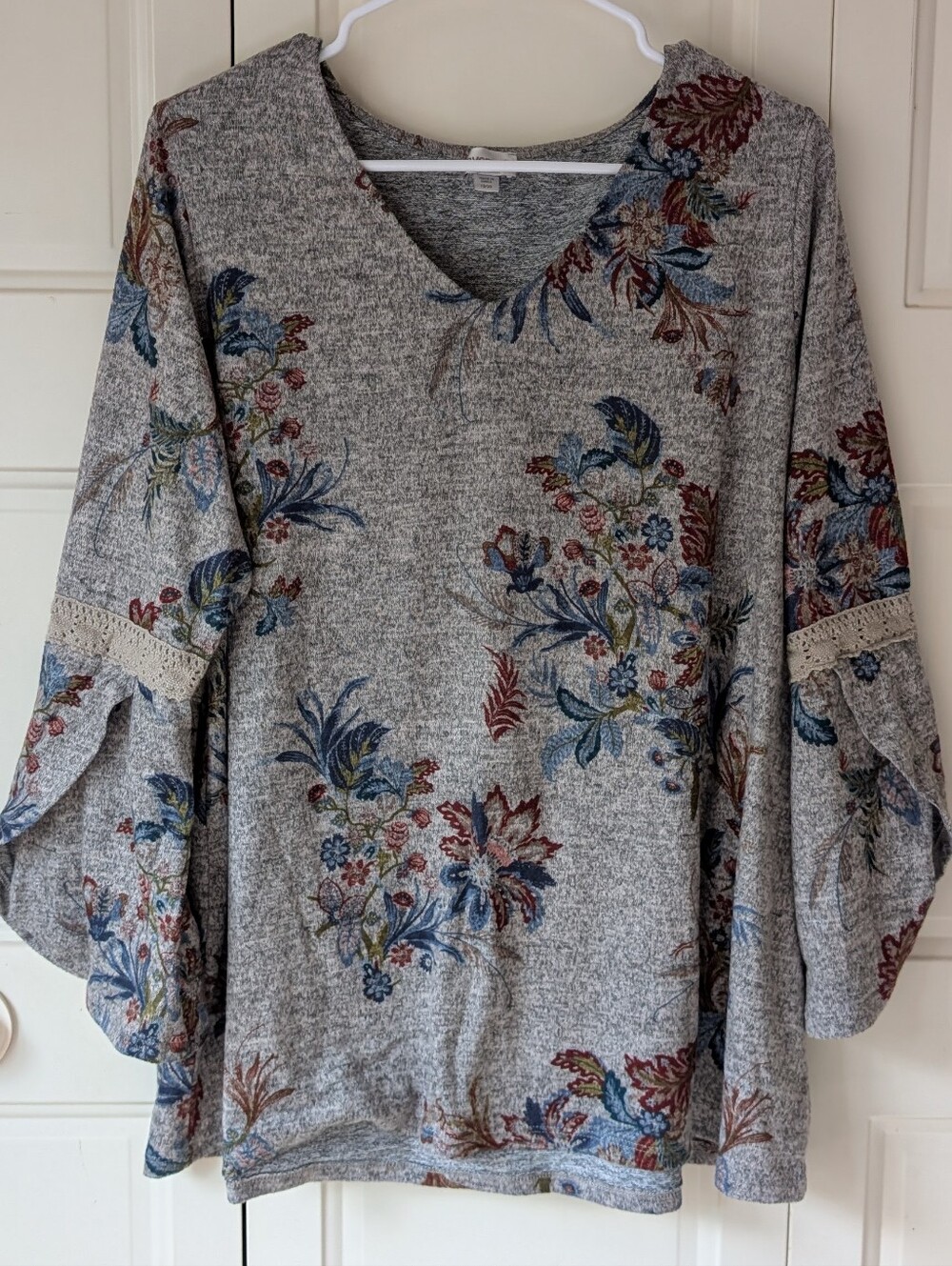 Whimsical cottage core floral lace grey long sleeve tunic top with bell sleeves